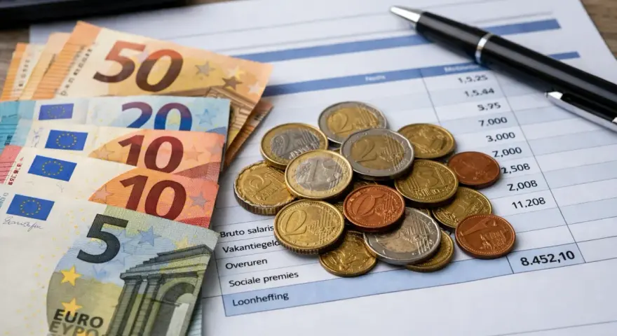 Euro banknoty i monety na arkuszu kalkulacyjnym. Szukasz pracy w Rotterdamie? Agencje pracy pomogą Ci znaleźć zatrudnienie.
