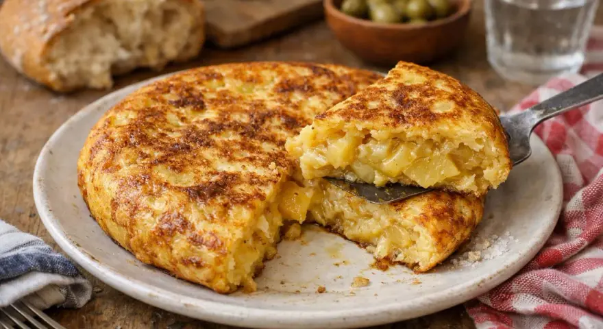 Une délicieuse tortilla de pommes de terre, prête à être dégustée. Une recette simple et savoureuse pour un repas parfait.