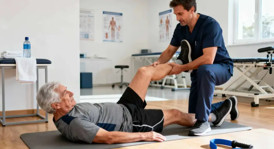 Fizjoterapeuta pomaga starszemu mężczyźnie w ćwiczeniach na macie rehabilitacyjnej.