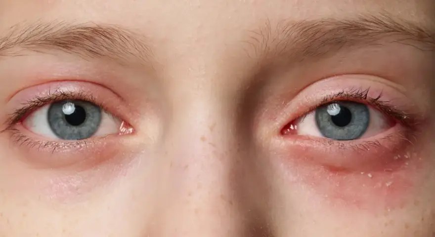 Nahaufnahme der Augen eines Kindes mit geröteten, gereizten Augenlidern und einem leichten Ausschlag unterm Auge.