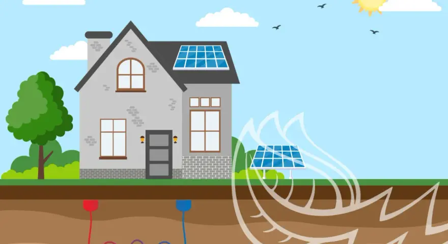 Casa con paneles solares y sistema geotérmico. La imagen ilustra los inconvenientes de la energía geotérmica, como la instalación subterránea y la dependencia de la tierra.