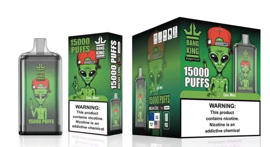 Vapers Bang King 15000 puffs con diseño de alienígena. Incluye advertencia sobre nicotina.