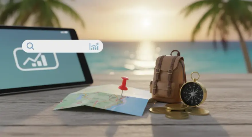 Tablet z wyszukiwarką, mapa, plecak, kompas i monety na tle plaży.