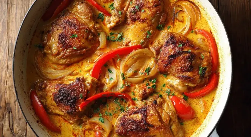 En gryta med kycklinglårfile recept i krämig sås med paprika och lök.