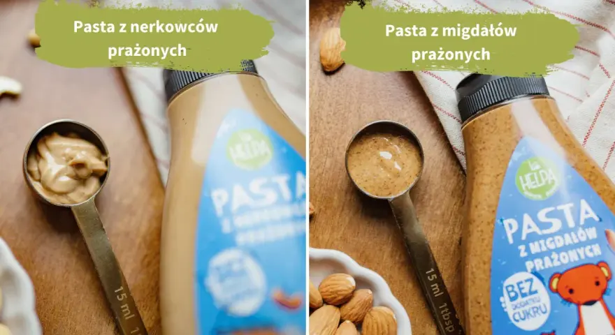 Dwie łyżki z pastą orzechową: z nerkowców i migdałów, obok butelek z pastami.