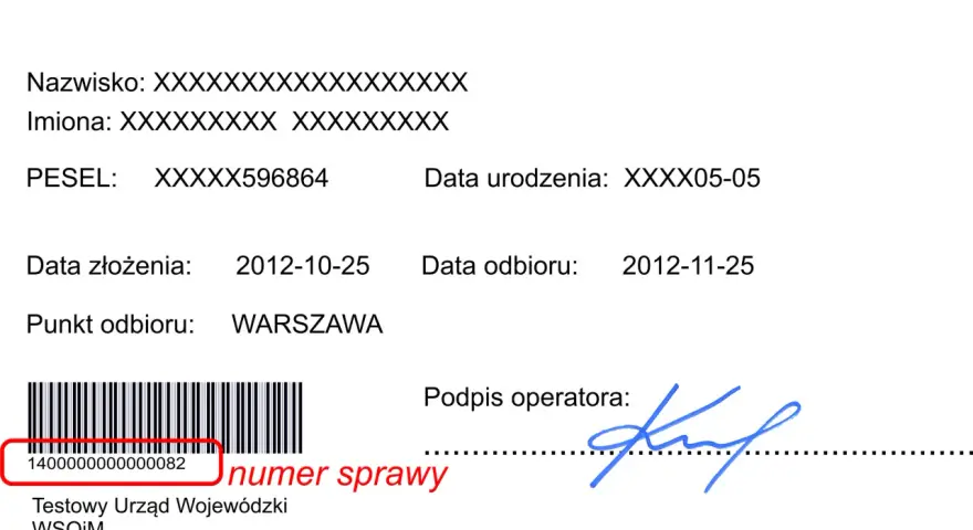 Potwierdzenie złożenia wniosku o wydanie paszportu z numerem sprawy i kodem kreskowym.