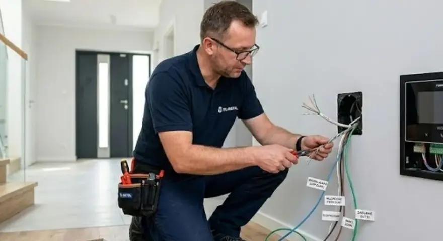 Elektryk podłączający kable domofonu i elektrozaczepu.