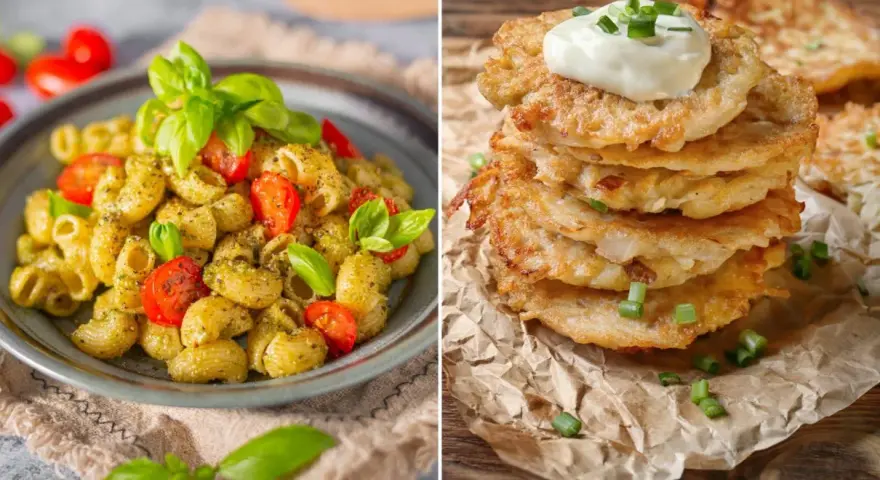 Dwa szybkie dania: makaron z pesto i pomidorkami oraz stos placków ziemniaczanych ze śmietaną.