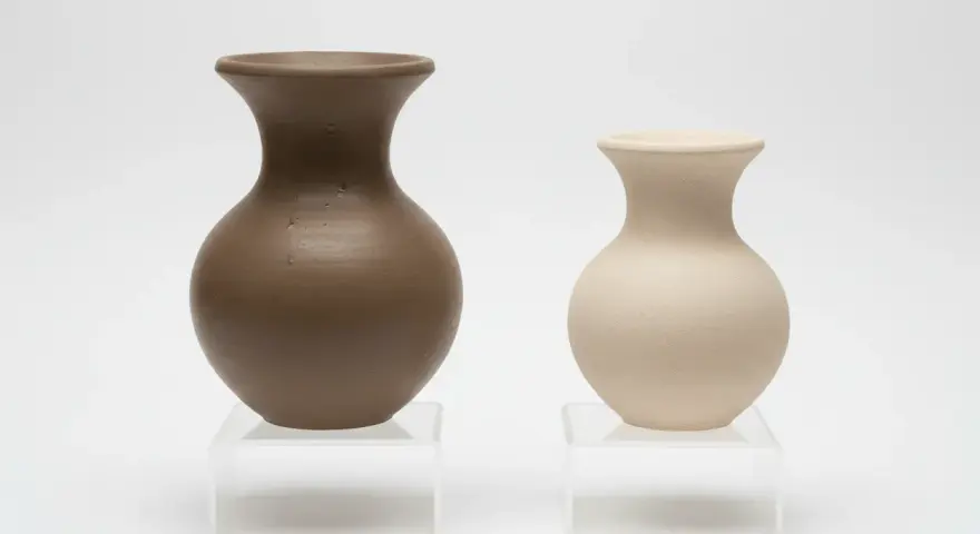 Två vaser, en i mörkbrun och en i ljusbeige, som om de vore formade av blå lera.