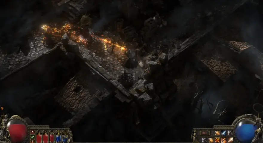 Combate en Path of Exile 2. Un guerrero lanza fuego contra enemigos en ruinas oscuras.