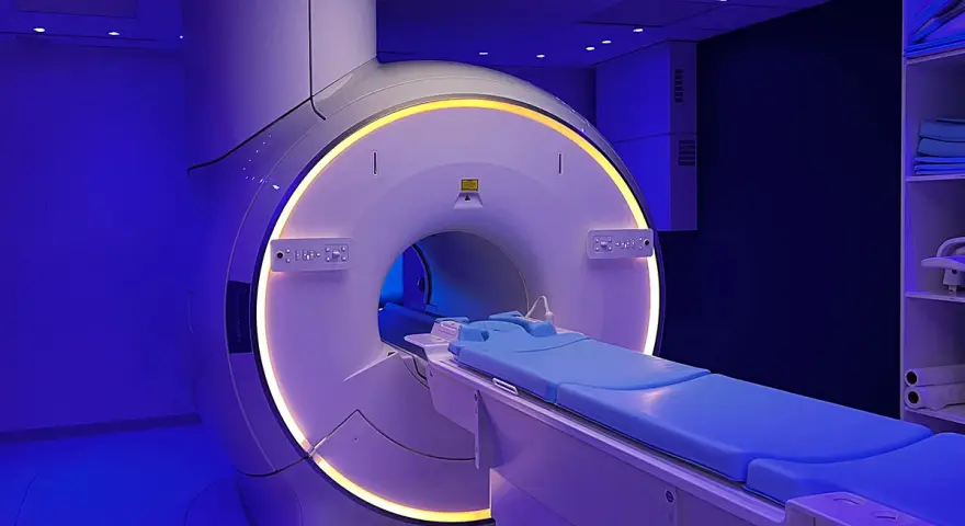 Nowoczesny aparat do rezonansu magnetycznego, z niebieskim łóżkiem pacjenta i podświetlanym tunelem. Tak wygląda rezonans magnetyczny.