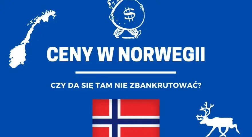 Ceny w Norwegii - czy da się tam nie zbankrutować? Mapa Norwegii, worek pieniędzy, flaga i renifer.