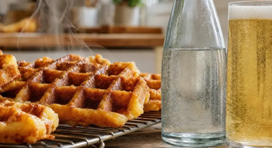 Gaufres croustillantes fumantes sur une grille, accompagnées d'une bouteille d'eau pétillante et d'un verre de bière dorée. Parfait pour une recette de gaufres croustillantes.