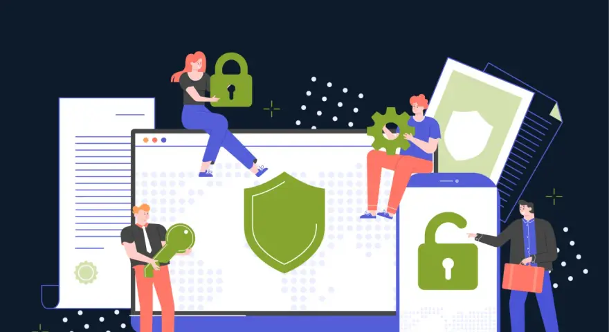 Personas trabajando en equipo para proteger datos. Representa que es la ciberseguridad, con candados, escudos y llaves.