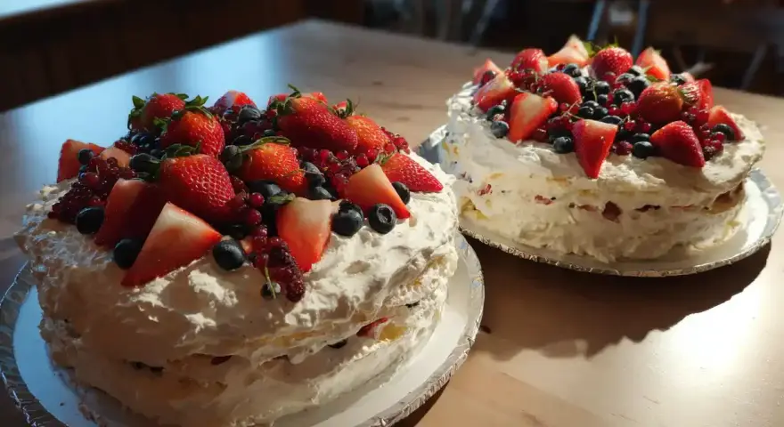 Två vackra gräddtårtor med jordgubbar och bär, perfekta som kakor till babyshower recept.