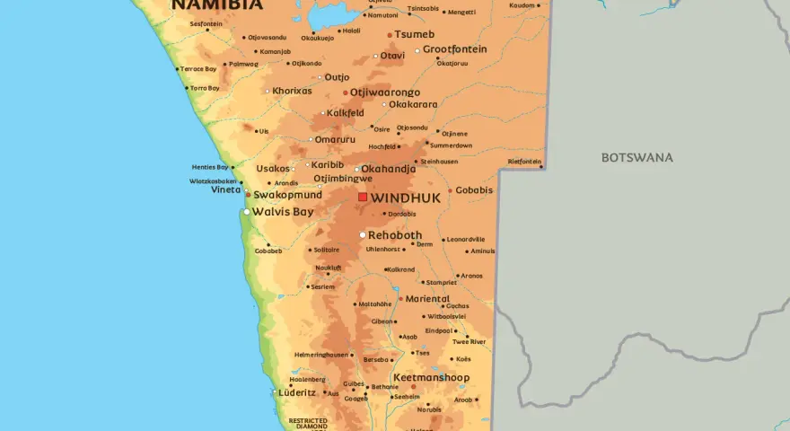 Mapa Namibii z zaznaczonymi miastami. Waluta Namibii to dolar namibijski.
