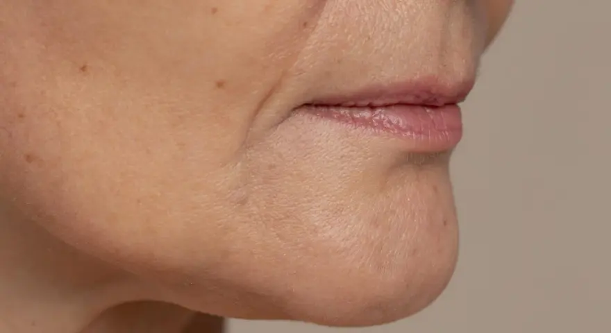 Primer plano de la zona de la barbilla y boca, mostrando la flacidez facial a los 40 y algunas pecas.