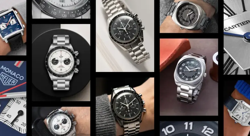 Kolekcja najlepszych zegarków na świecie: Heuer Monaco, Tudor, Omega Speedmaster, Hermès i Cartier.