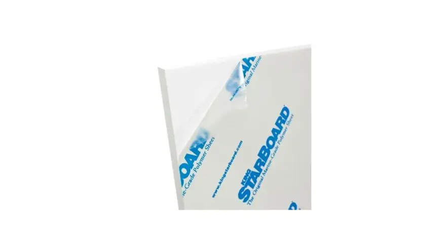 A sheet of white starboard material, a durable marine-grade polymer, with protective film peeling back to reveal branding.