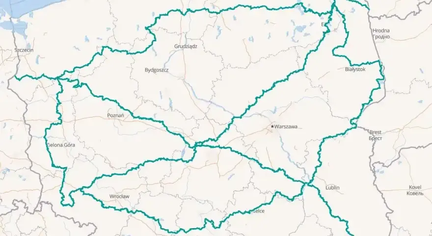 Mapa Polski z zaznaczonymi trasami motocyklowymi, obejmującymi region lubelski i inne części kraju.