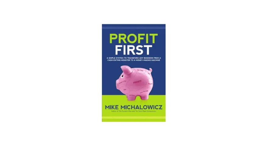 Book cover for "Profit First" by Mike Michalowicz, featuring a pink piggy bank divided into profit-first bookkeeping categories.