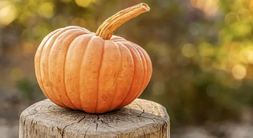 Zucca arancione su un ceppo di legno, perfetta per quando si raccolgono le zucche.
