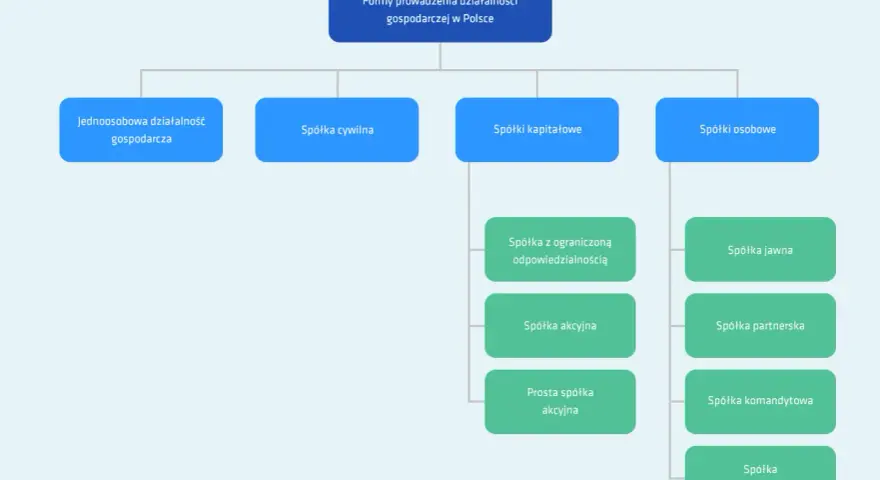 Schemat przedstawia formy prowadzenia działalności gospodarczej w Polsce: jednoosobową, spółkę cywilną, spółki kapitałowe (z o.o., akcyjną, prostą spółkę akcyjną) i osobowe (jawną, partnerską, komandytową, komandytowo-akcyjną).