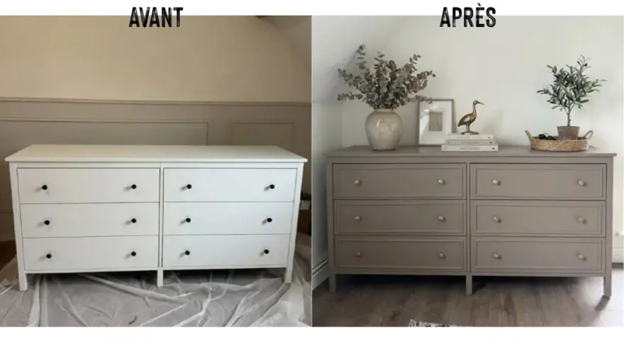 Avant/Après : une commode blanche transformée par une peinture meuble ancien, rehaussée de poignées dorées et décorée avec élégance.