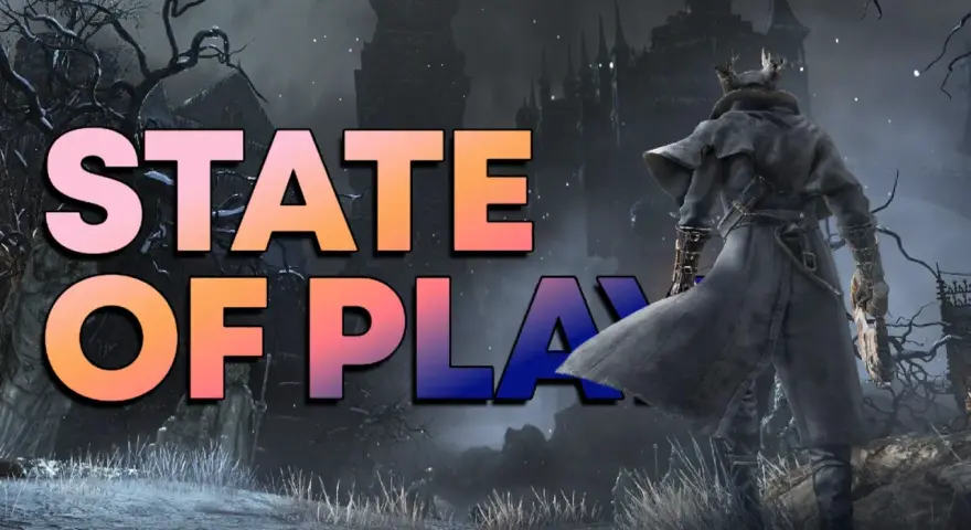 Un cazador con gabardina se alza ante un castillo sombrío, con el texto "STATE OF PLAY" en colores vibrantes.