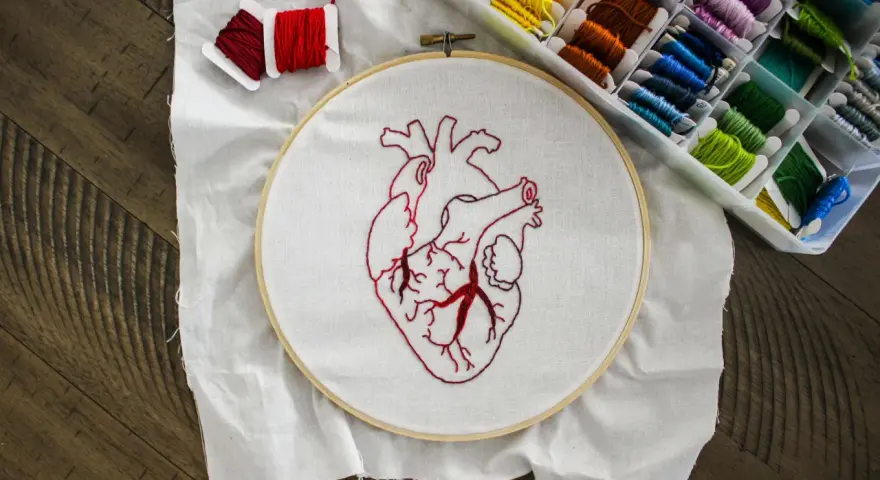 Hobbyści uczą się, jak wyszywać na ubraniach, tworząc anatomiczne serce na tamborku. Wokół kolorowe nici.