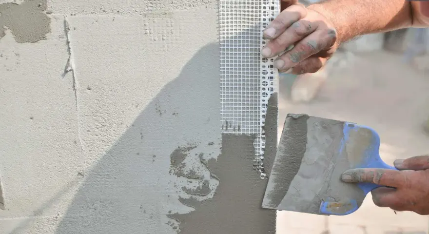 Mani esperte applicano stucco e rete per stuccare angolo muro, garantendo una finitura perfetta.