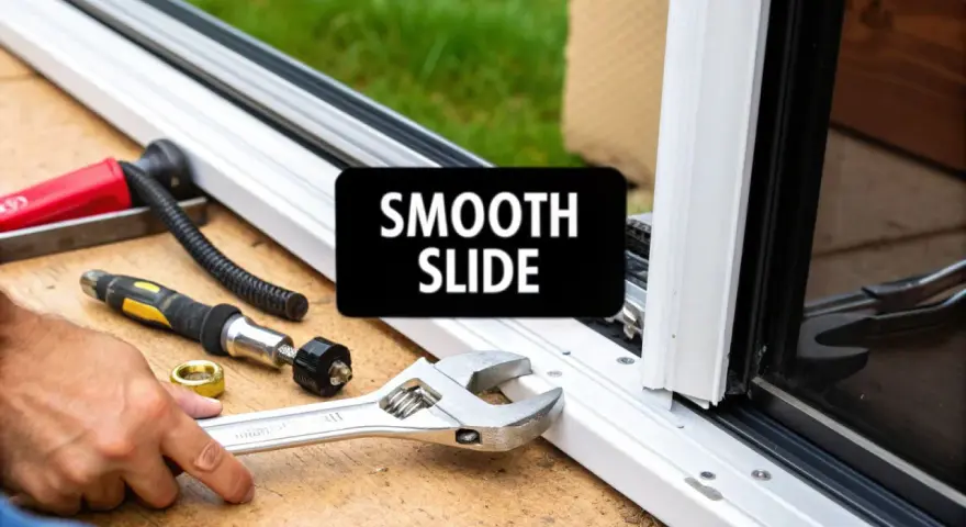 Tools are laid out for a sliding patio door installation, promising a smooth slide.
