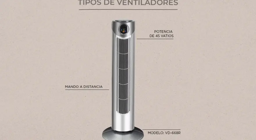 Ventilador de torre plateado, uno de los tipos de ventiladores modernos. Incluye mando a distancia y potencia de 45 vatios.