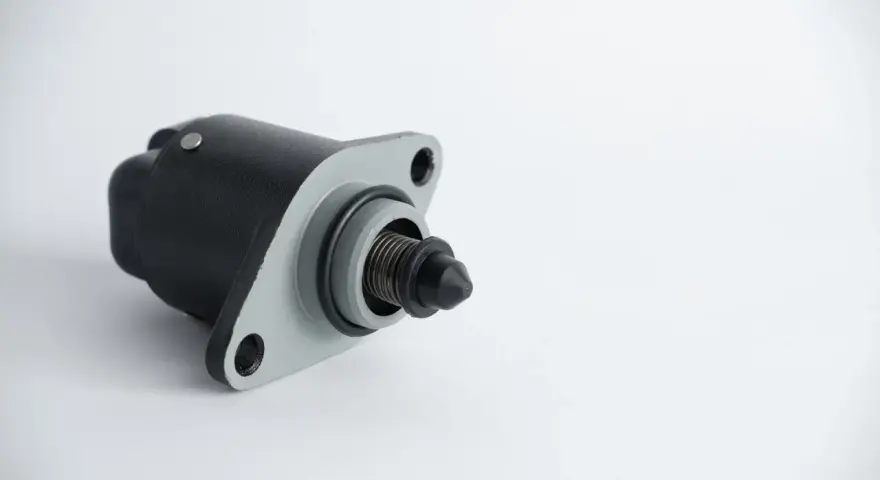 A black and gray idle air control valve, a common cause of rough idling symptoms.