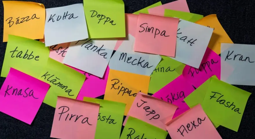 En hög med färgglada post-it-lappar med gamla svenska slangord som "Bäzza", "Kotta", "Doppa", "Simpa", "Tabbe", "Planka", "Mecka", "Kran", "Knasa", "Flasha", "Pirra", "Japp", "Raket" och "Flexa".