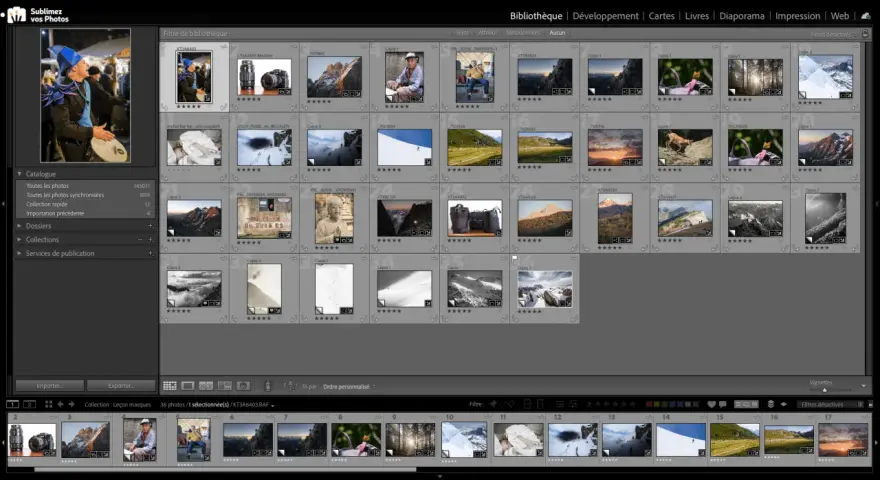 Interface d'un logiciel pour netteté photo, affichant une grille d'images de paysages et de portraits, avec des options de tri et de filtre.