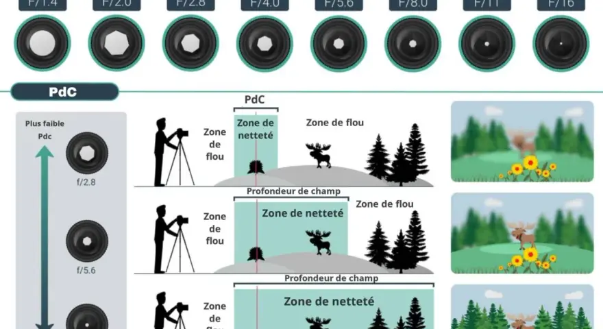 Illustration expliquant le tableau de la profondeur de champ (PdC) et l'effet de l'ouverture sur la mise au point.