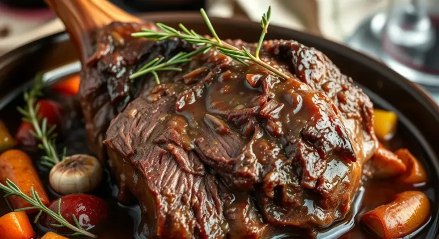 Un généreux jarret de boeuf braisé, nappé d'une sauce riche, servi avec des carottes et des herbes aromatiques.