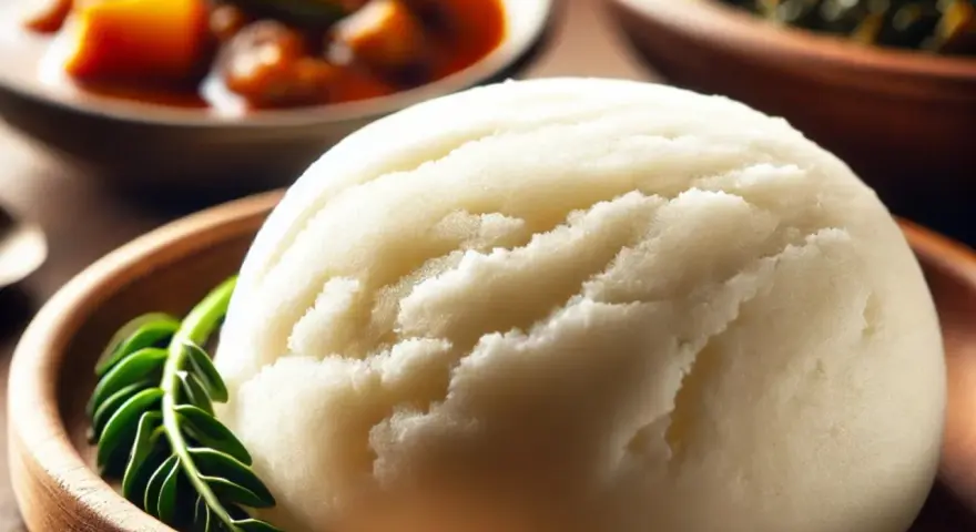 Puszyste ugali w drewnianej misce, ozdobione zielonym listkiem. Obok miski z gulaszem i warzywami. Idealny przepis na ugali.