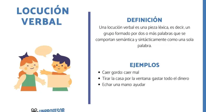 Ilustración de dos niños aprendiendo sobre locuciones verbales, con ejemplos como "echar una mano".