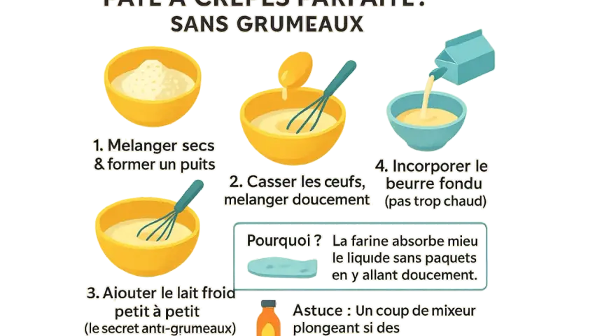 Étapes pour réaliser la pâte à crêpes parfaite sans grumeaux : mélanger les ingrédients secs, ajouter les œufs, puis le lait froid petit à petit.