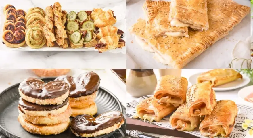 Collage de varios postres y bocadillos salados de hojaldre, incluyendo palmeritas de chocolate y rollitos rellenos.