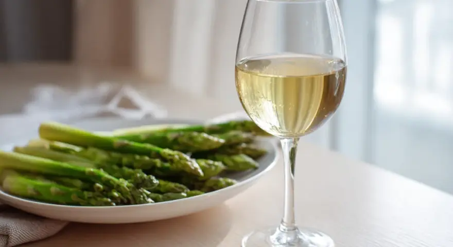 En tallrik med färsk grön sparris och ett glas vitt vin. Perfekt kombination för en lätt och god måltid.