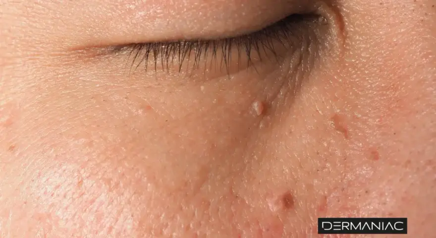 Primer plano de la piel del rostro con varias verrugas, mostrando la textura y el detalle de la piel. La imagen sugiere la necesidad de quitar verrugas cara.