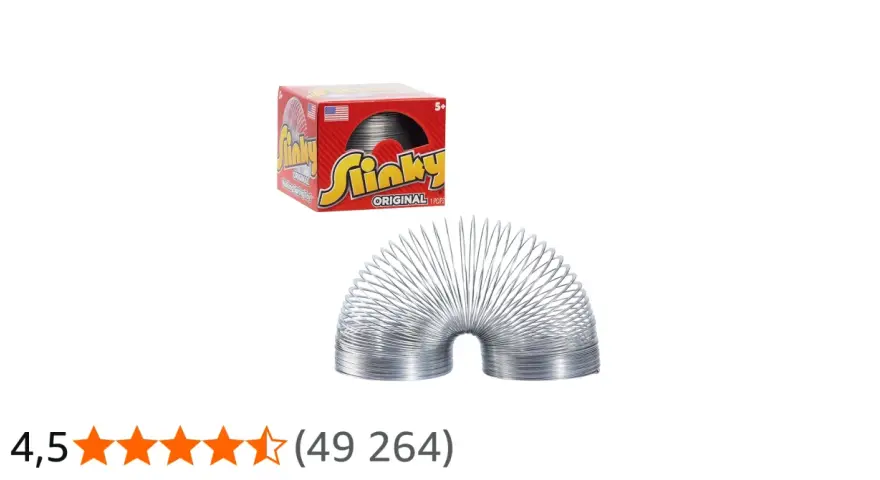 En klassisk slinky leksak i metall, utformad som en fjäder, bredvid sin röda originalförpackning.