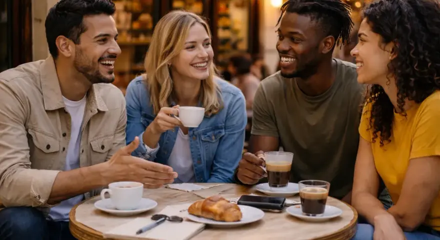 Amigos riendo y tomando café en una terraza. Uno dice "hola en francés" mientras comparten un croissant.