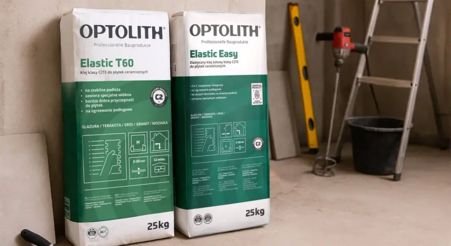 Dwa worki kleju do płytek OPTOLITH Elastic T60 i Elastic Easy. Jaki klej do płytek wybrać? Oba to elastyczne kleje klasy C2TE.