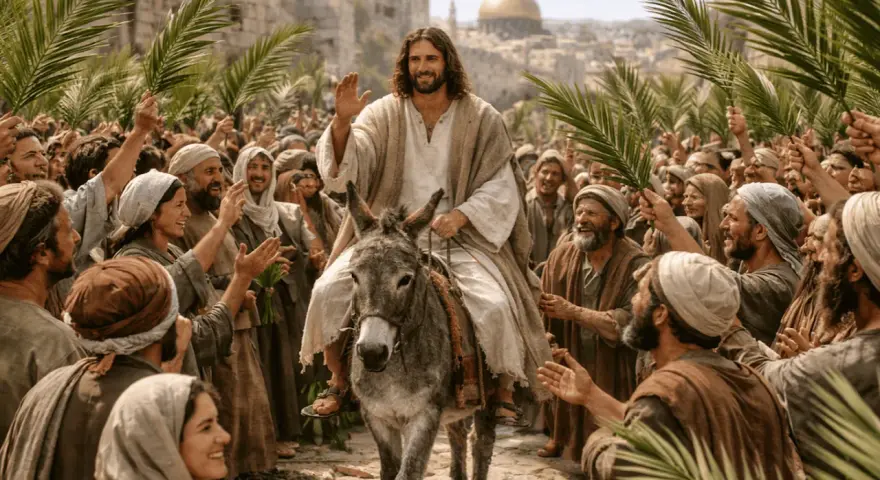 Jesus reitet auf einem Esel in Jerusalem ein, umgeben von jubelnden Menschen mit Palmzweigen. Ein Moment des christlichen Ostern.