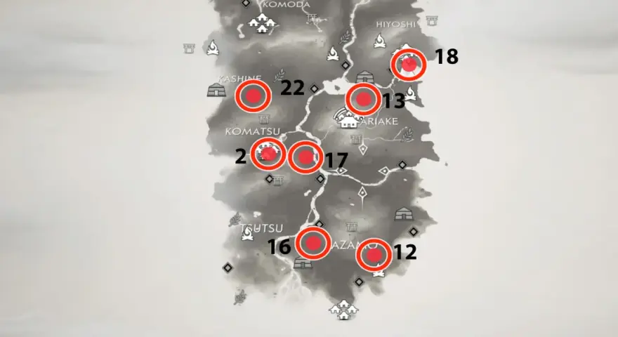 Mapa de Tsushima con marcadores rojos indicando ubicaciones de documentos. ¡Encuentra todos los documentos de Ghost of Tsushima!