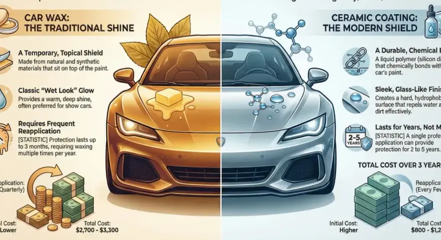 Car wax provides a temporary shine, requiring frequent reapplication. This graphic compares it to ceramic coating.
